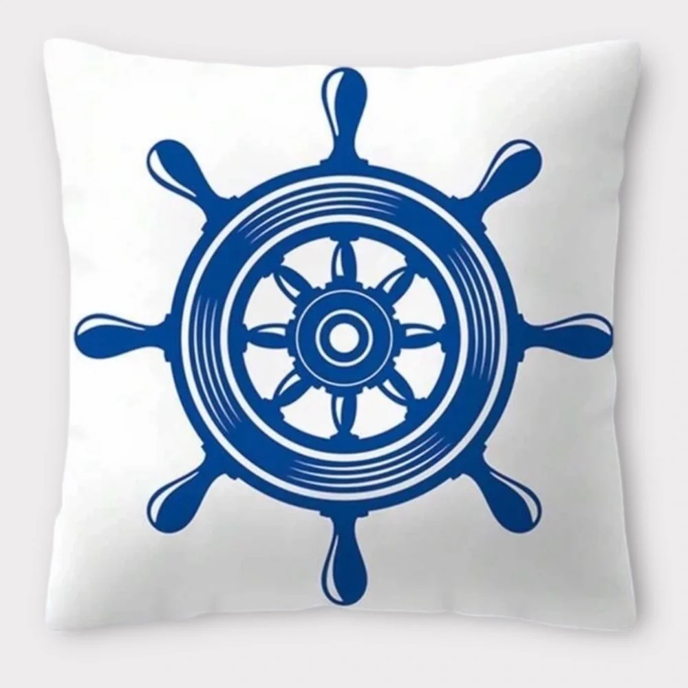 Coastal Pillow Cover Ship Wheel Nautical Beach Decor Square 17.75 in Blue White